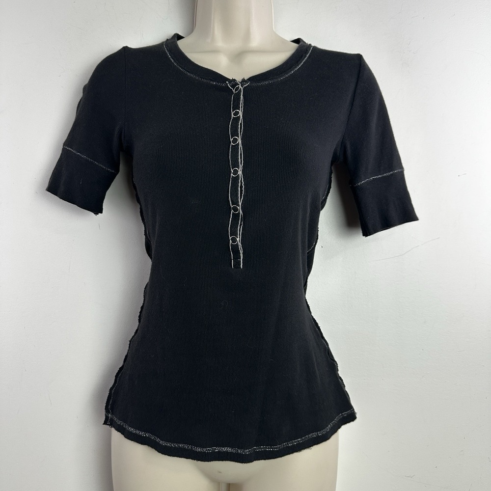 Y2K Energie Henley Top M Black Ribbed 3/4 Sleeve Twilightcore Bella Elena Fitted